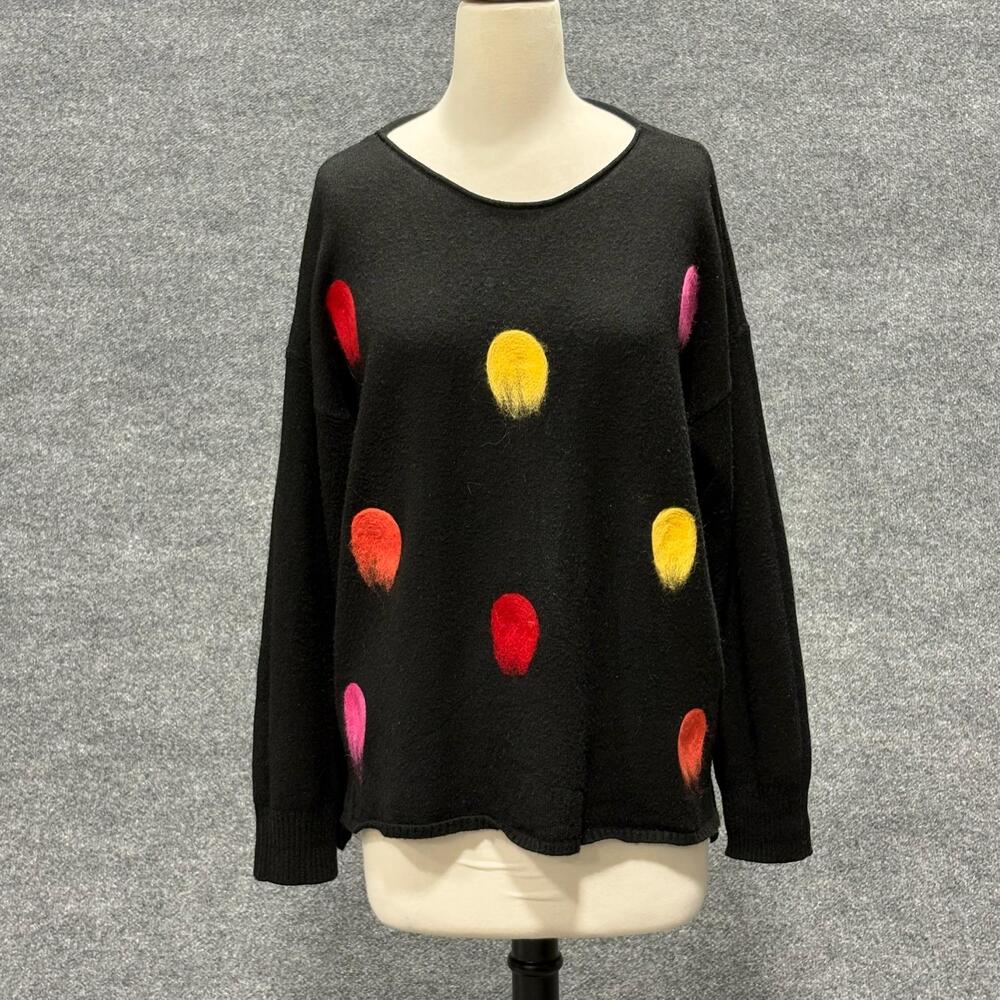 P Luca Milano Sweater Womens Medium Black Multicolor Dot Knit Pullover Fuzzy